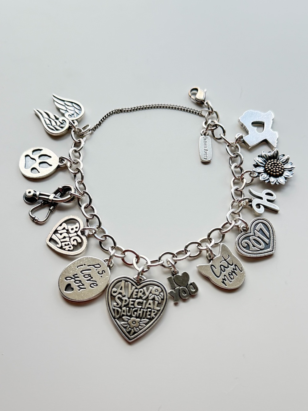 James Avery 925 Sterling Silver Charm Bracelet w/ P.S. I love you & Heart Charms - Picture 1 of 9